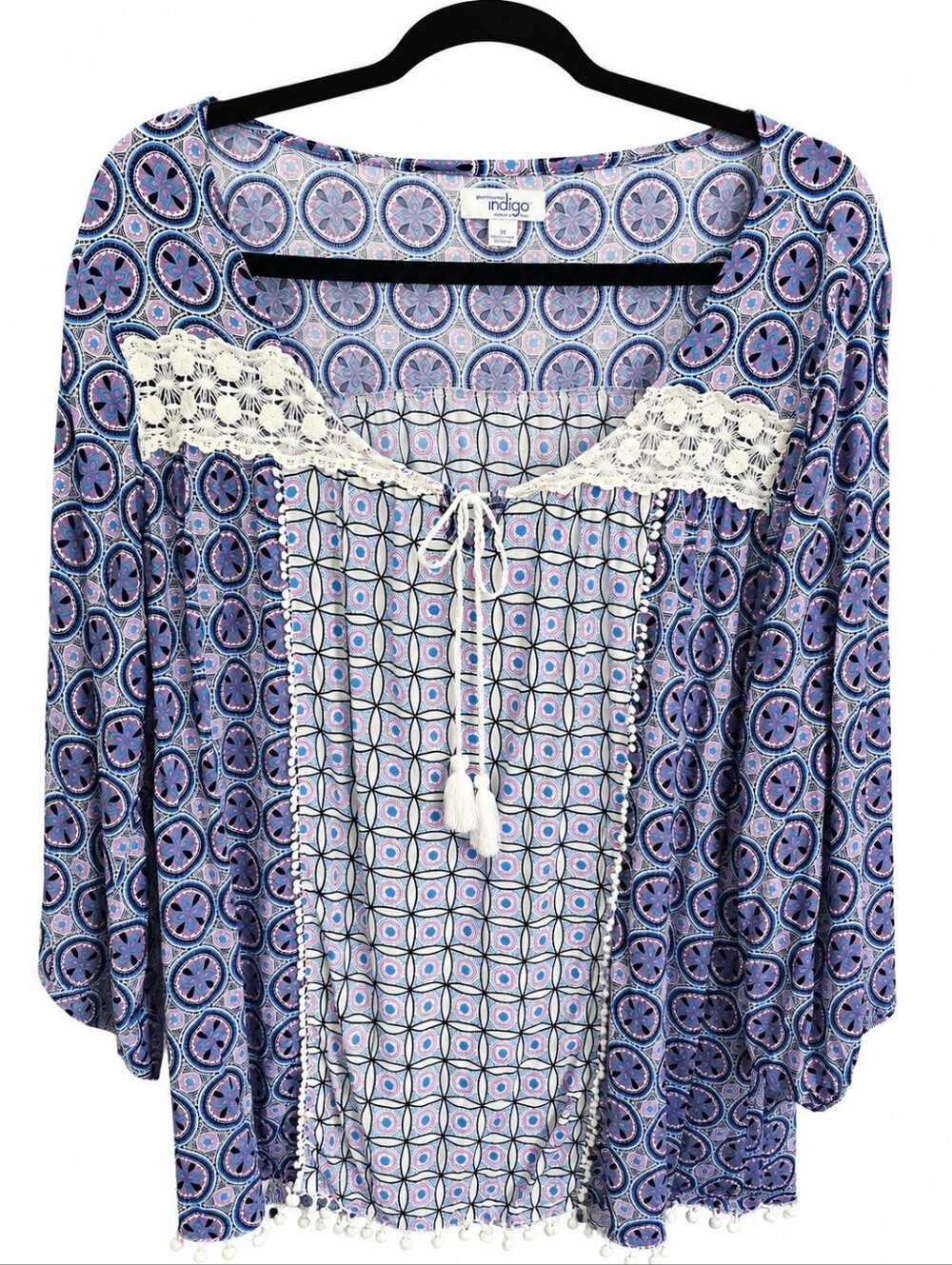 Indigo Boho Crochet-Trim Plus Size Tunic Top - Blue, Purple & White